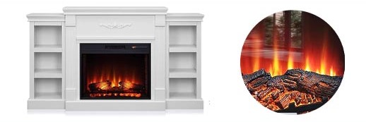 Coverage Area of a White Electric Fireplace with Mantel and Shelves