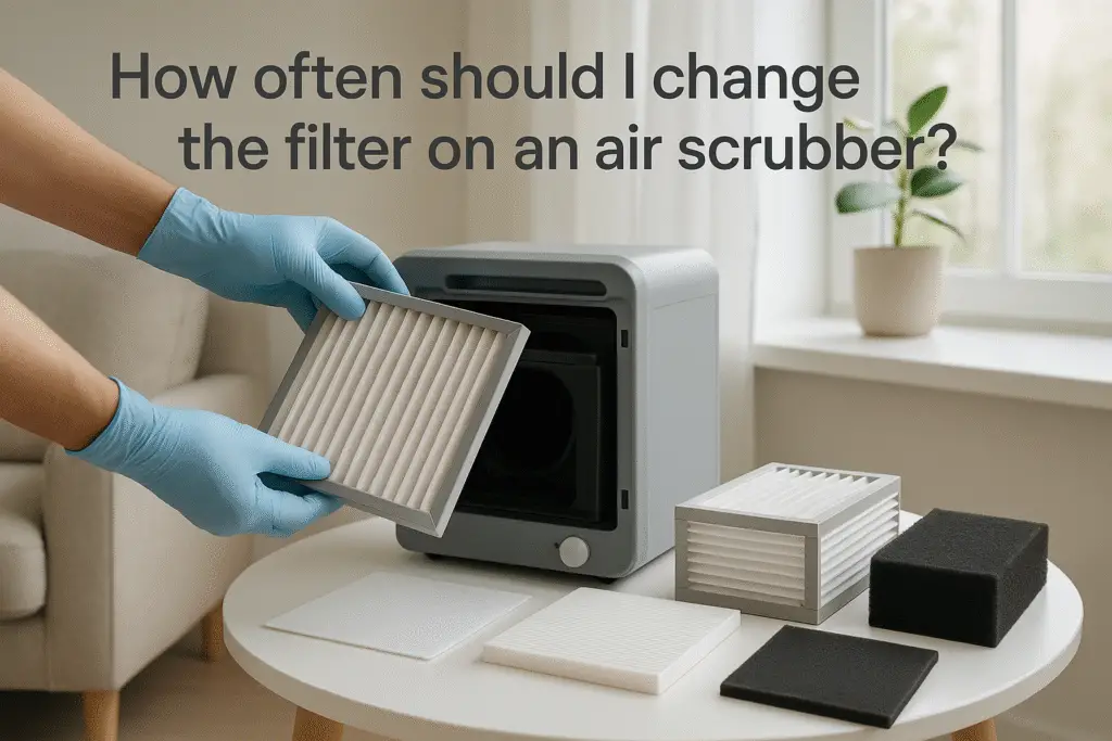 How often should I change the filter on an air scrubber?